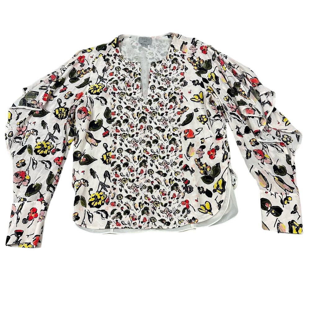 Grey‎ Jason Wu Floral Silk Blouse Womens 6 White Multicolor Good Ruffle Sleeve